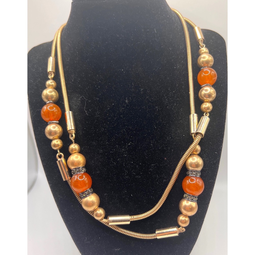 Chico's Gold Tone Beaded Necklace 40" Long Orange‎ Glass Lobster Clasp
